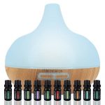 Aromatherapy Diffuser & Essential Oil Set – Ultrasonic Diffuser & Top 10 Essential Oils – 300ml Diffuser with 4 Timer & 7 Ambient Light Settings – Therapeutic Grade Essential Oils