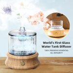 Glass Essential Oil Diffuser Humidifier, [Plastic Free] Glass Reservoir Natural Wood Base, Ultrasonic Cool Mist Aroma Diffusers Auto-Off 7 Color Light for Home Office Bedroom Room Mom Wife Gift 80ML