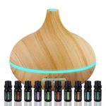 Ultimate Aromatherapy Ultrasonic 300ml Diffuser & Top 10 Therapeutic Grade Essential Oils Set – 4 Timer & 7 Ambient Light Settings – Lavender